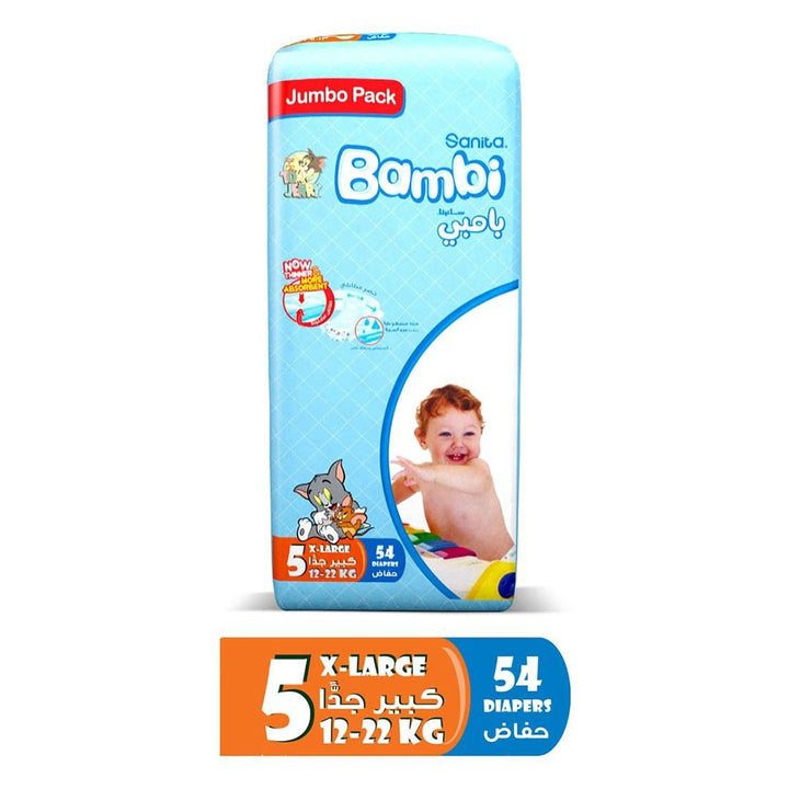 Sanita Bambi Tom And Jerry Baby Diapers, Size 5, X-Large For 12-22 Kg Baby, Jumbo Pack of 54's - Easy Pharmacy LLC