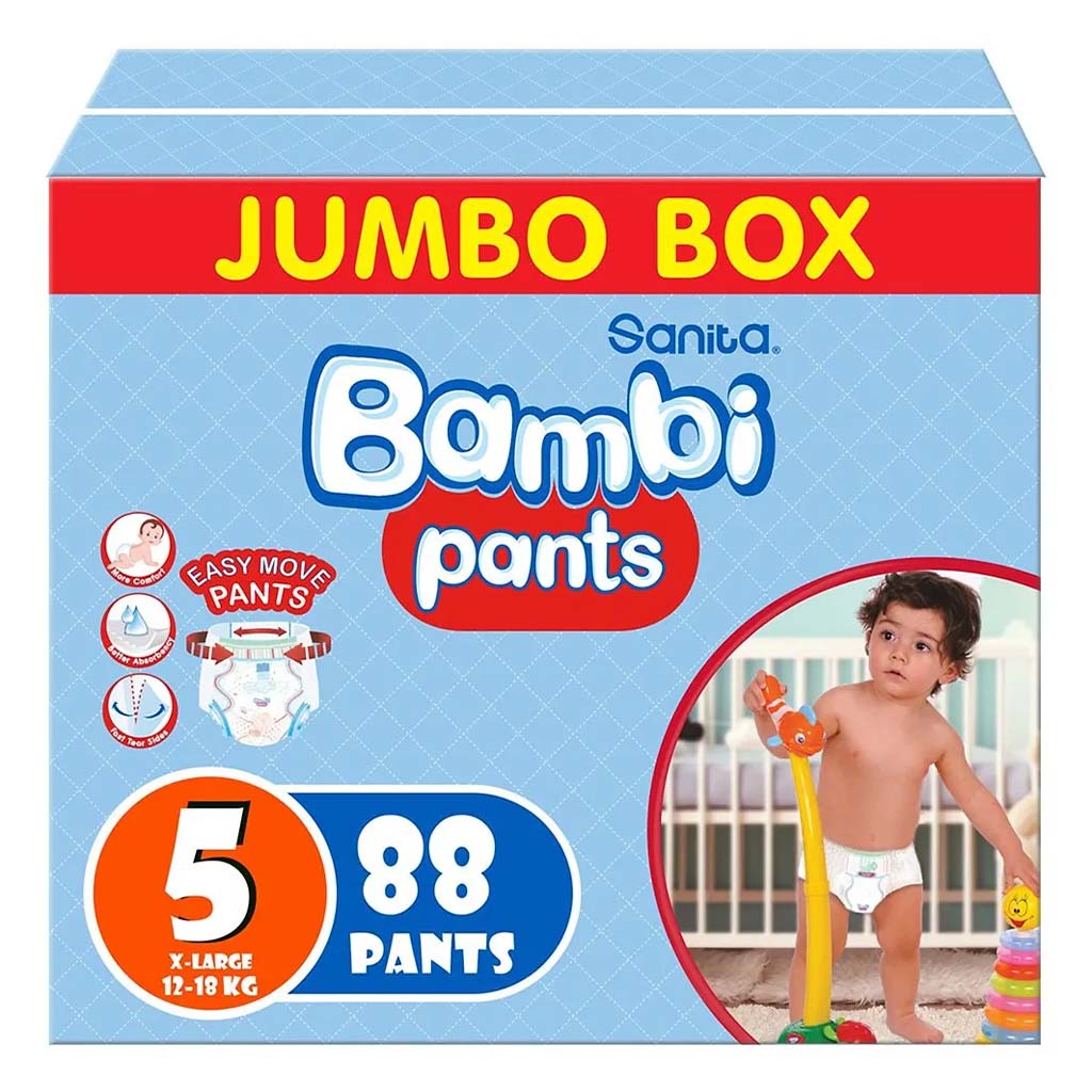 Sanita Bambi Easy Move Baby Diaper Pants, Size 5, X-Large For Baby 12-18 Kg Baby, Jumbo Pack of 88's - Easy Pharmacy LLC