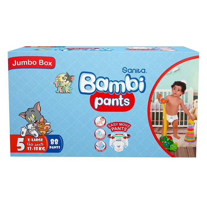 Sanita Bambi Easy Move Baby Diaper Pants, Size 5, X-Large For Baby 12-18 Kg Baby, Jumbo Pack of 88's - Easy Pharmacy LLC