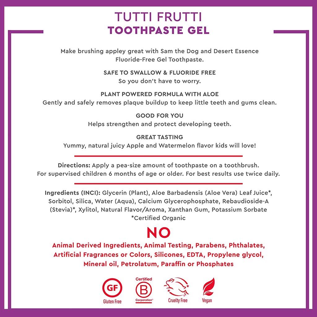 Desert Essence Tutti Frutti Fluoride-Free Kids Gel Toothpaste 133g - Easy Pharmacy LLC