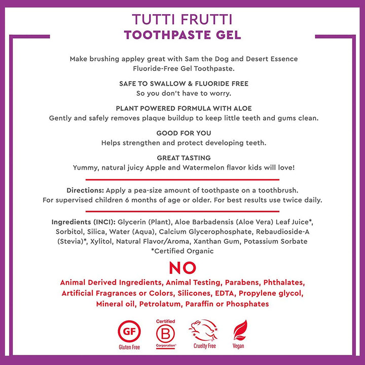 Desert Essence Tutti Frutti Fluoride-Free Kids Gel Toothpaste 133g - Easy Pharmacy LLC