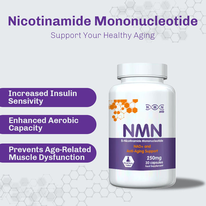 NMN Bio Beta Nicotinamide Mononucleotide 250mg Capsules For Anti-aging Support, Pack of 30's - Easy Pharmacy LLC