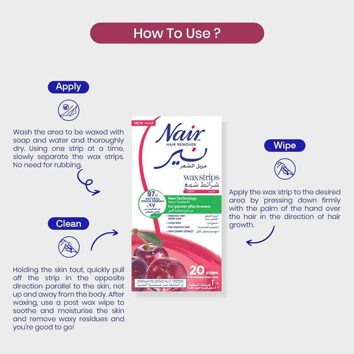 Nair Hair Remover Body Wax Strips With Cherry Extracts, Pack of 20's - Easy Pharmacy LLC