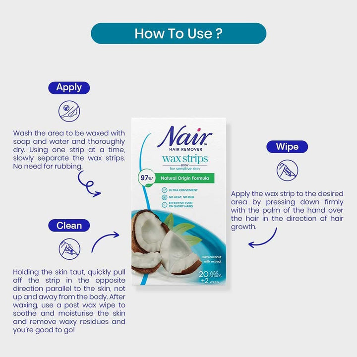 Nair Hair Remover Body Wax Strips With Coconut Milk Extracts, Pack of 20's - Easy Pharmacy LLC