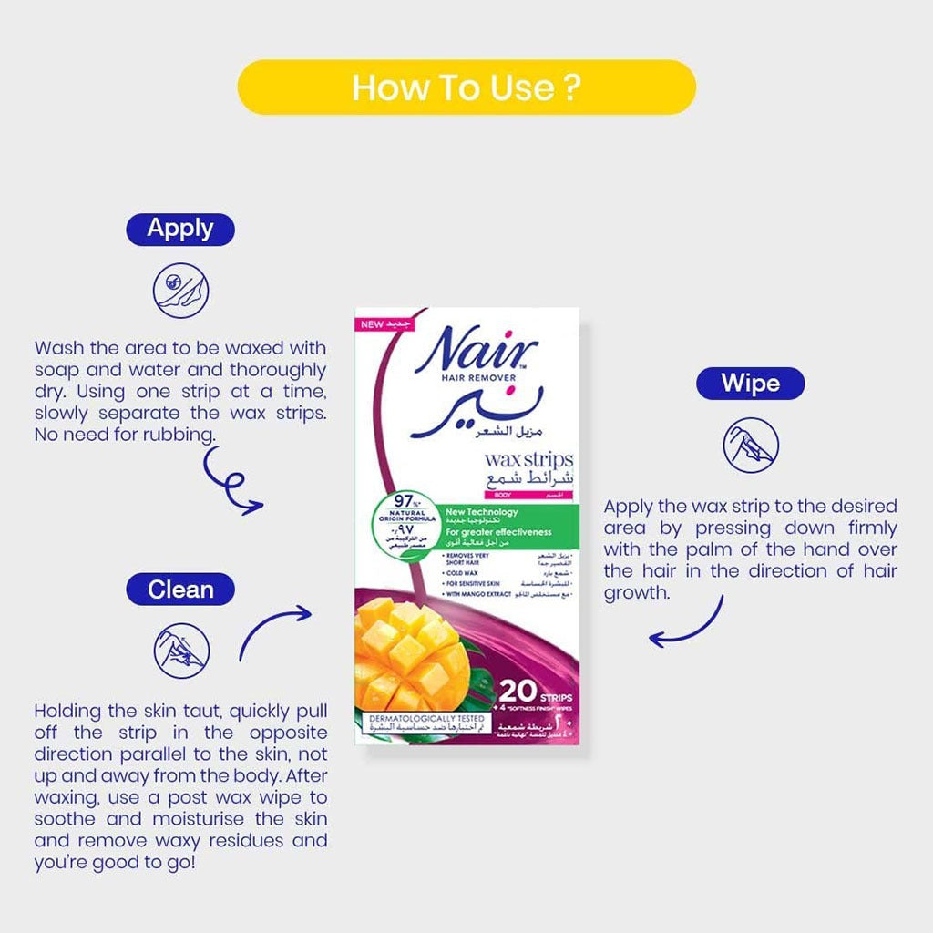 Nair Hair Remover Body Wax Strips With Mango Extracts, Pack of 20's - Easy Pharmacy LLC