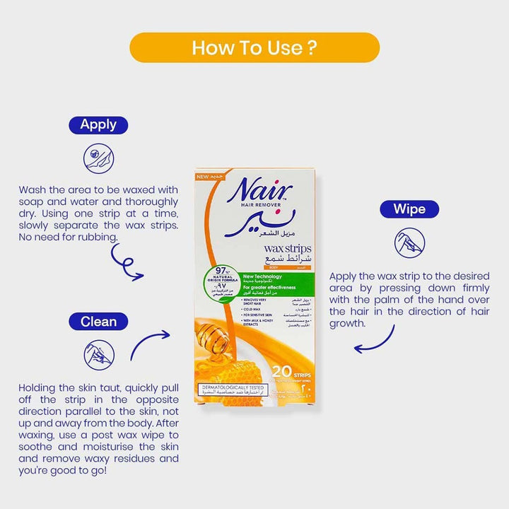 Nair Hair Remover Body Wax Strips With Milk & Honey Extract, Pack of 20's - Easy Pharmacy LLC