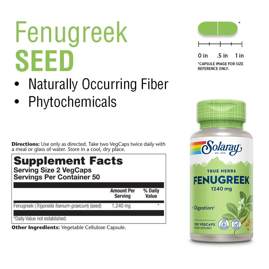 Solaray True Herbs Fenugreek 1240mg Vegetarian Capsule For Digestive Support, Pack of 100's - Easy Pharmacy LLC