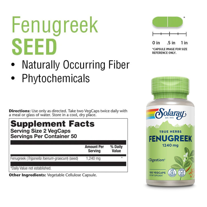 Solaray True Herbs Fenugreek 1240mg Vegetarian Capsule For Digestive Support, Pack of 100's - Easy Pharmacy LLC