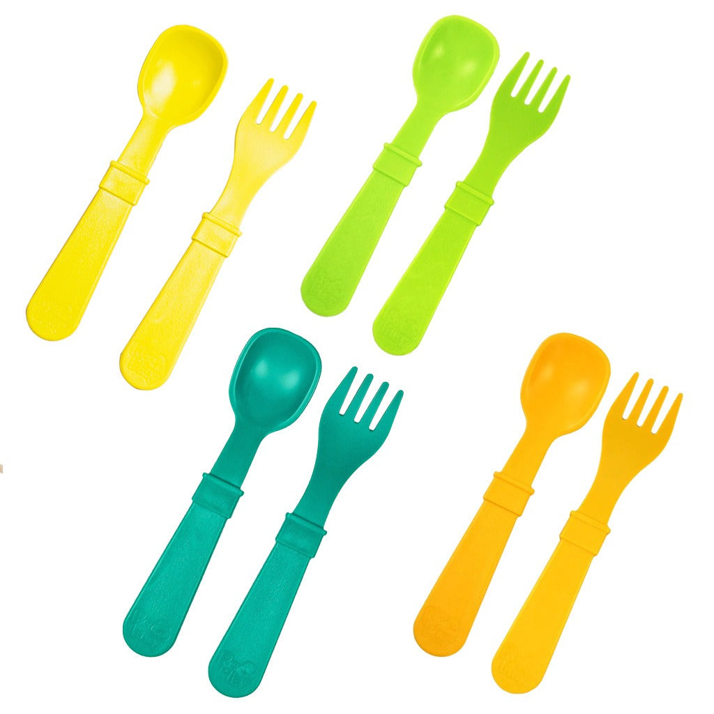 Re Play Feeding Utensil Set Of Spoon and Fork For Toddler & Infant, Orange, Yellow, Lime Green, Aqua Blue, Pack of 8 Pieces - Easy Pharmacy LLC