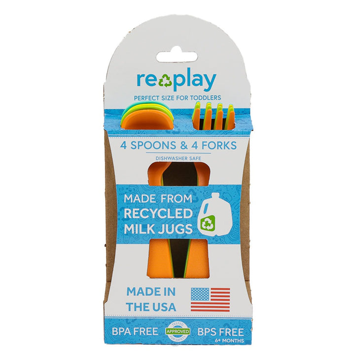 Re Play Feeding Utensil Set Of Spoon and Fork For Toddler & Infant, Orange, Yellow, Lime Green, Aqua Blue, Pack of 8 Pieces - Easy Pharmacy LLC