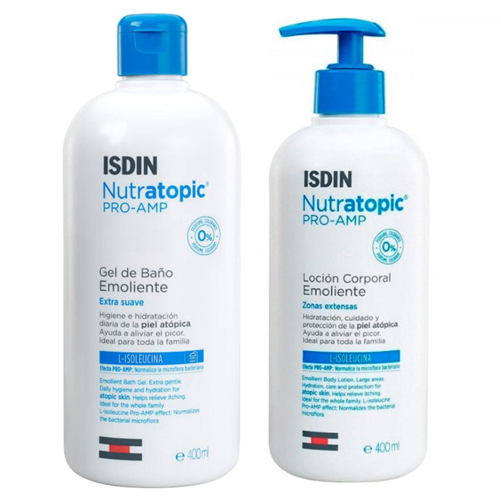 Isdin Nutratopic Pro-AMP Emollient Bath Gel 400ml + Isdin Nutratopic Pro-AMP Emollient Lotion For Atopic Skin 400ml PROMOPACK - Easy Pharmacy LLC