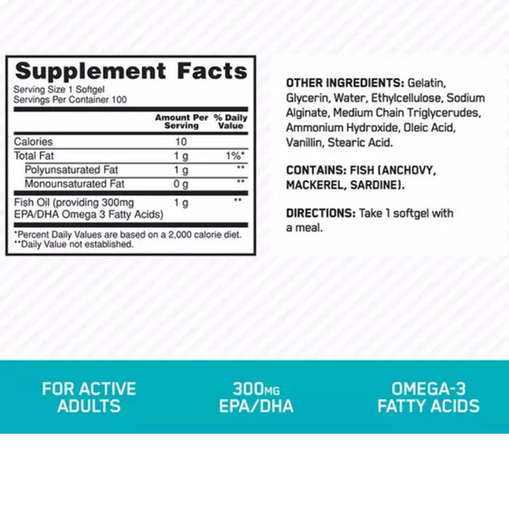 Optimum Nutrition 1000mg Fish Oil Supplement Softgels, Pack of 100's - Easy Pharmacy LLC