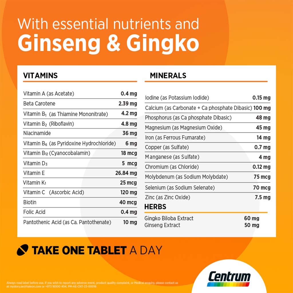 Centrum Multivitamin Energy Tablets With Ginseng And Ginkgo, Pack of 90's - Easy Pharmacy LLC