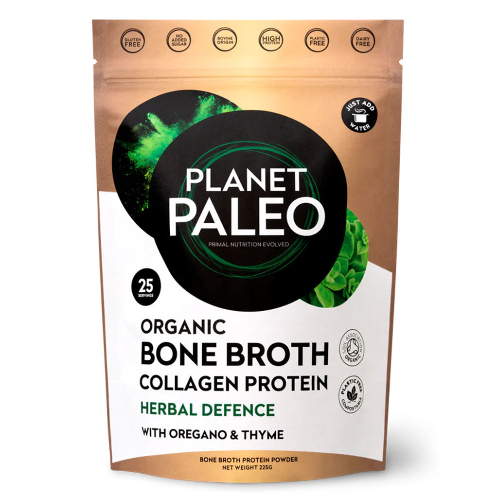 Planet Paleo Organic Bone Broth Collagen Protein Herbal Defence With Oregano And Thyme 225g, 25 servings - Easy Pharmacy LLC