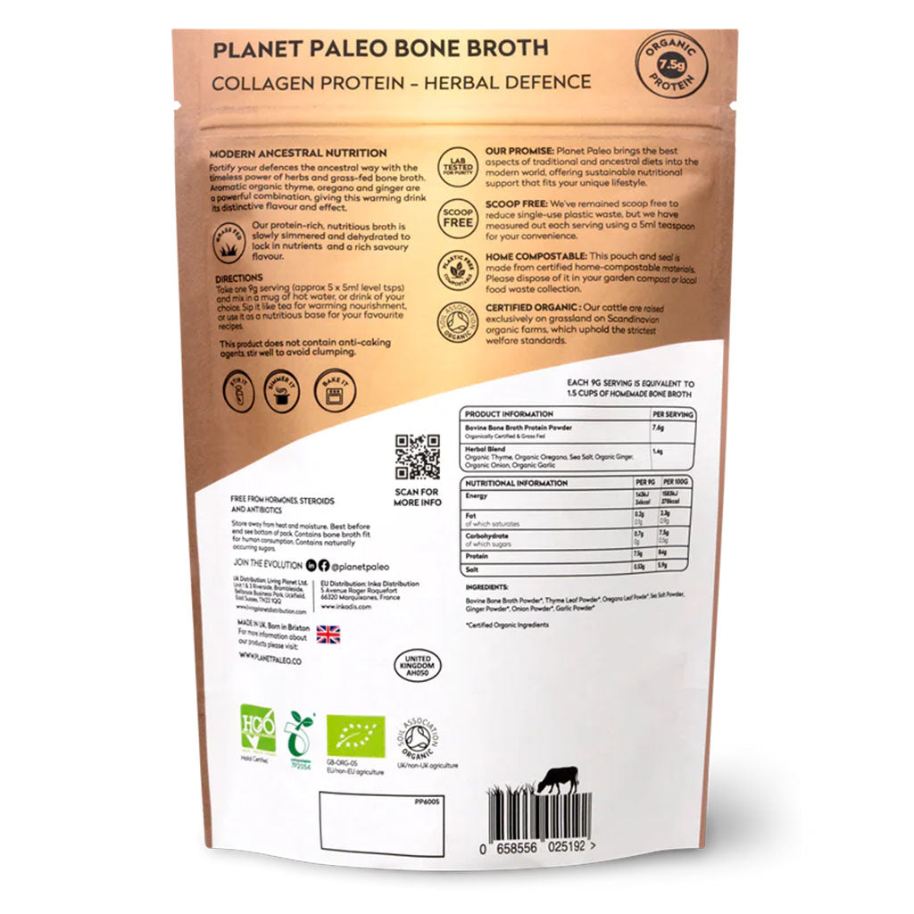 Planet Paleo Organic Bone Broth Collagen Protein Herbal Defence With Oregano And Thyme 225g, 25 servings - Easy Pharmacy LLC