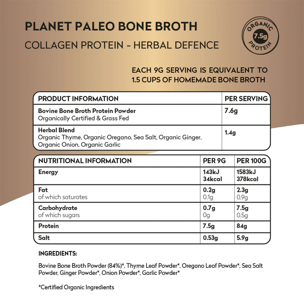 Planet Paleo Organic Bone Broth Collagen Protein Herbal Defence With Oregano And Thyme 225g, 25 servings - Easy Pharmacy LLC