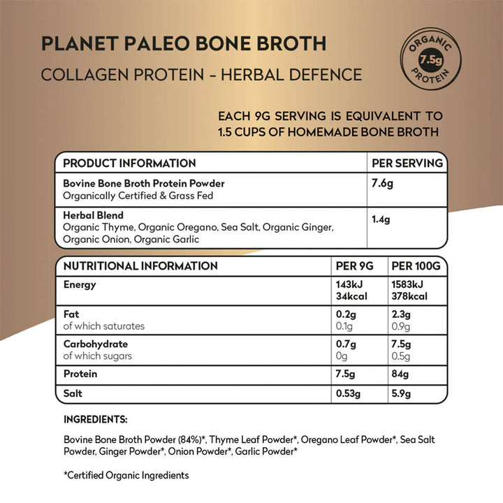 Planet Paleo Organic Bone Broth Collagen Protein Herbal Defence With Oregano And Thyme 225g, 25 servings - Easy Pharmacy LLC