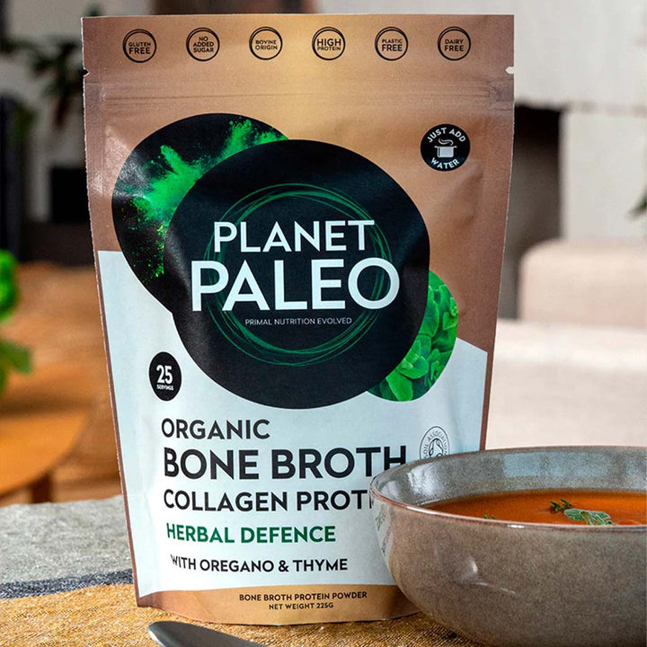 Planet Paleo Organic Bone Broth Collagen Protein Herbal Defence With Oregano And Thyme 225g, 25 servings - Easy Pharmacy LLC