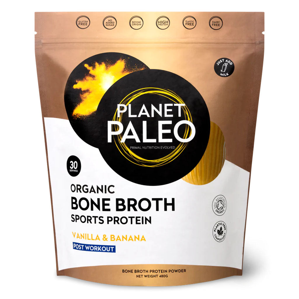 Planet Paleo Organic Bone Broth Post Workout Sports Protein Powder, Vanilla & Banana Flavor 480g - Easy Pharmacy LLC