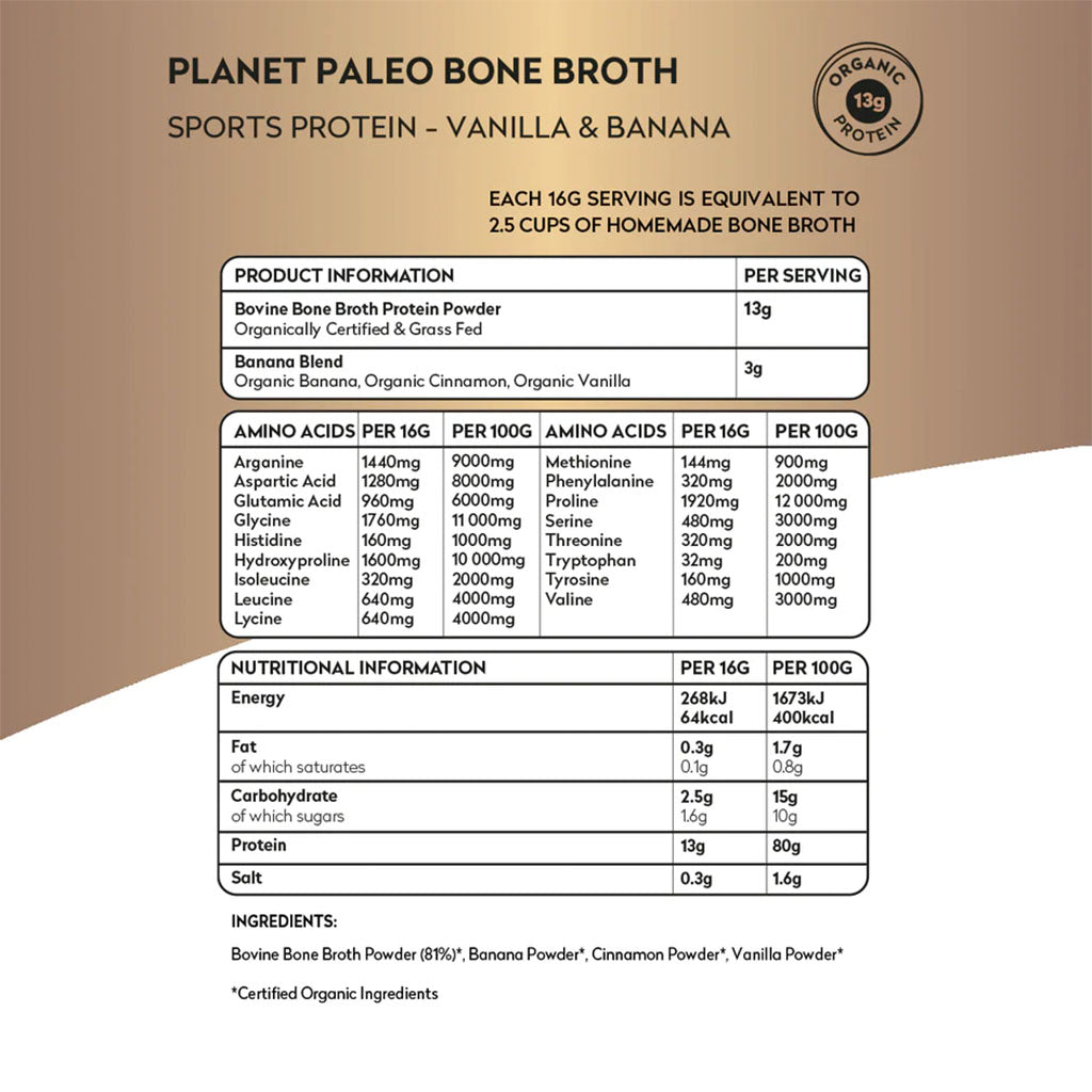 Planet Paleo Organic Bone Broth Post Workout Sports Protein Powder, Vanilla & Banana Flavor 480g - Easy Pharmacy LLC