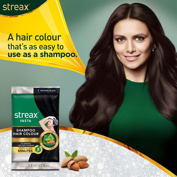 Streax No-Ammonia Insta Shampoo Hair Color - Natural Black 1 - Easy Pharmacy LLC