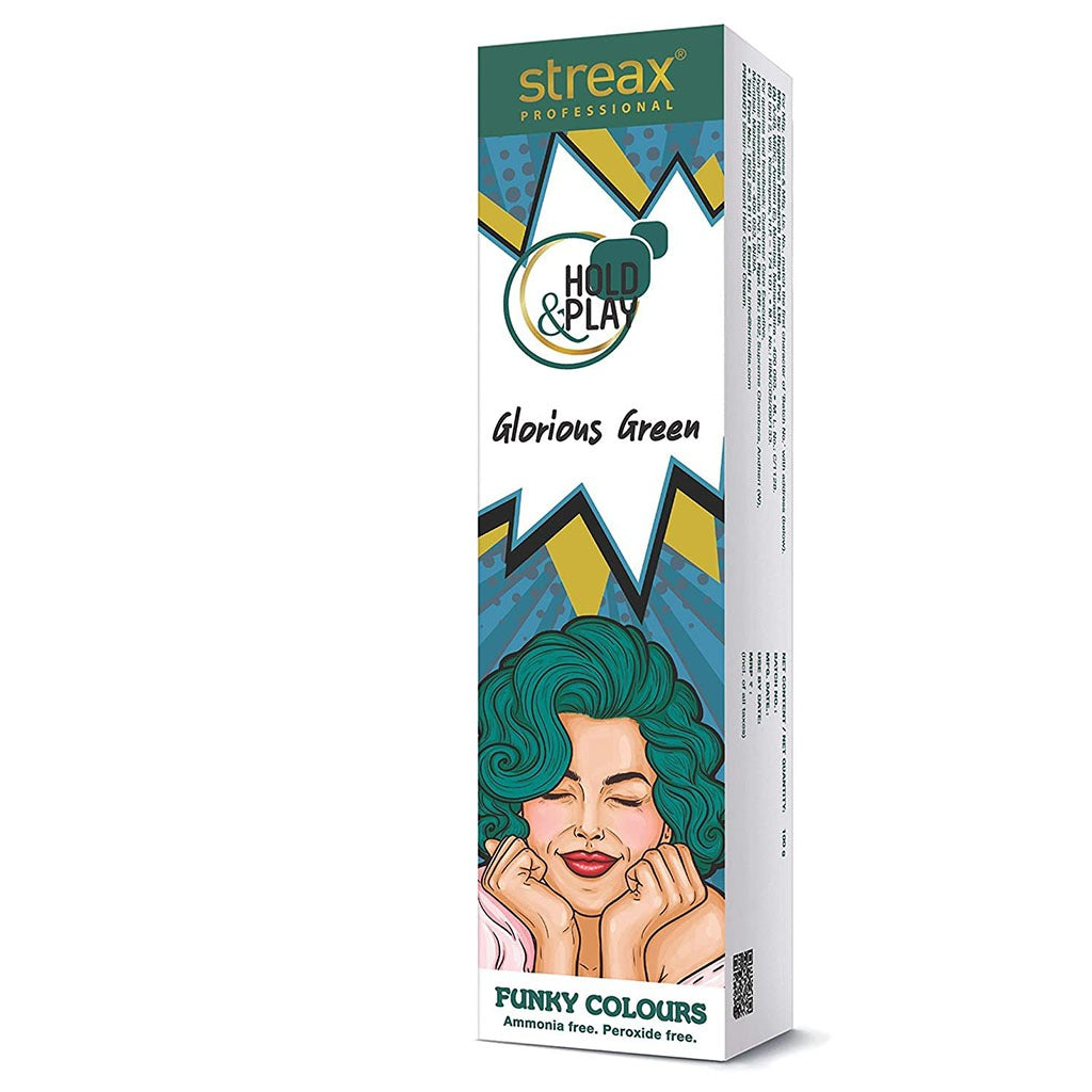 Streax Professional Hold & Play Ammonia & Peroxide - Free Funky Colors Semi-Permanent Hair Color Cream - Glorious Green 100g - Easy Pharmacy LLC