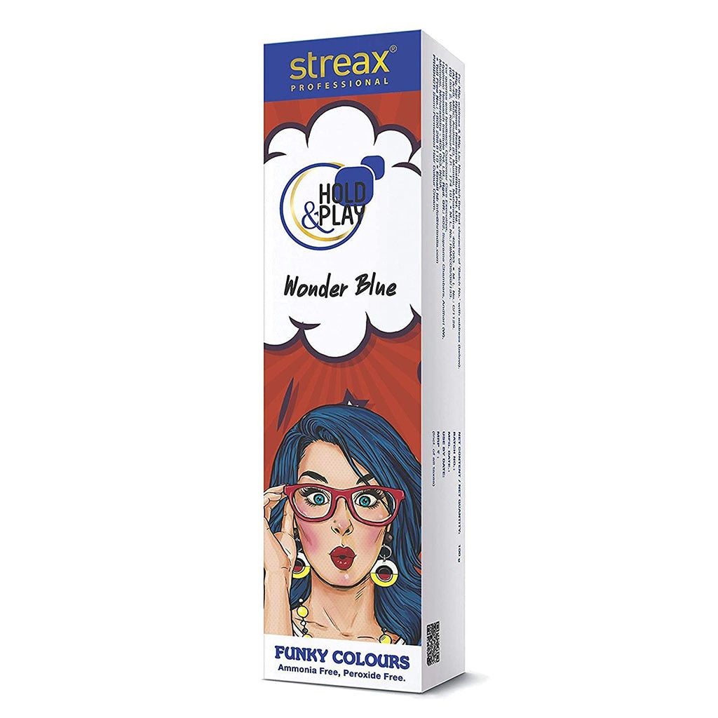 Streax Professional Hold & Play Ammonia & Peroxide - Free Funky Colors Semi-Permanent Hair Color Cream - Wonder Blue 100g - Easy Pharmacy LLC