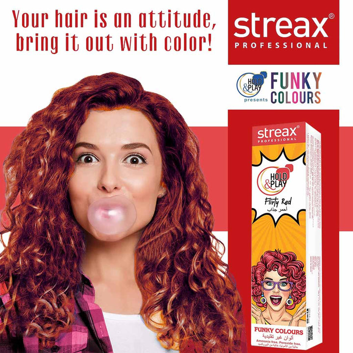 Streax Professional Hold & Play Ammonia & Peroxide - Free Funky Colors Semi-Permanent Hair Color Cream - Flirty Red 100g - Easy Pharmacy LLC