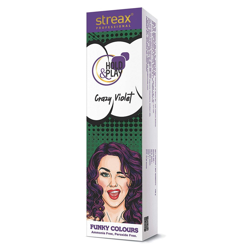 Streax Professional Hold & Play Ammonia & Peroxide - Free Funky Colors Semi-Permanent Hair Color Cream - Crazy Violet 100g - Easy Pharmacy LLC
