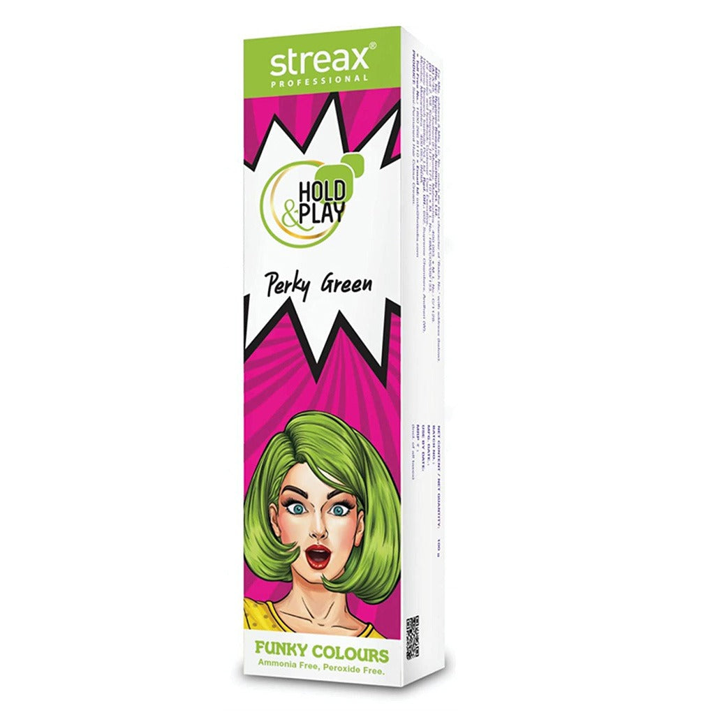 Streax Professional Hold & Play Ammonia & Peroxide - Free Funky Colors Semi-Permanent Hair Color Cream - Perky Green 100g - Easy Pharmacy LLC