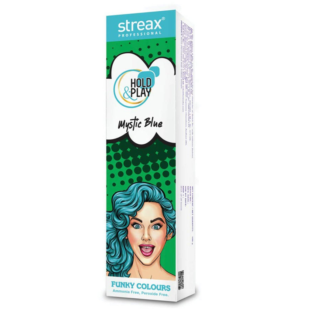 Streax Professional Hold & Play Ammonia & Peroxide - Free Funky Colors Semi-Permanent Hair Color Cream - Mystic Blue 100g - Easy Pharmacy LLC