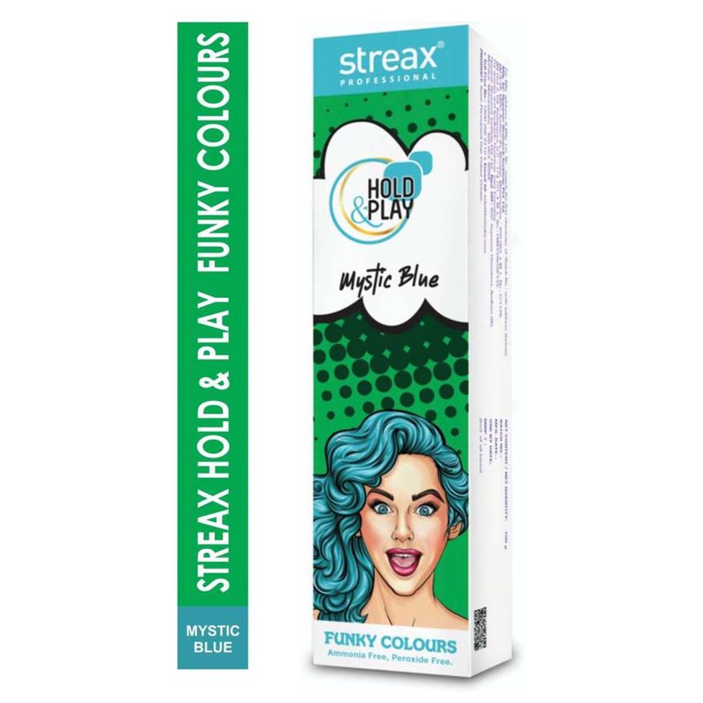 Streax Professional Hold & Play Ammonia & Peroxide - Free Funky Colors Semi-Permanent Hair Color Cream - Mystic Blue 100g - Easy Pharmacy LLC