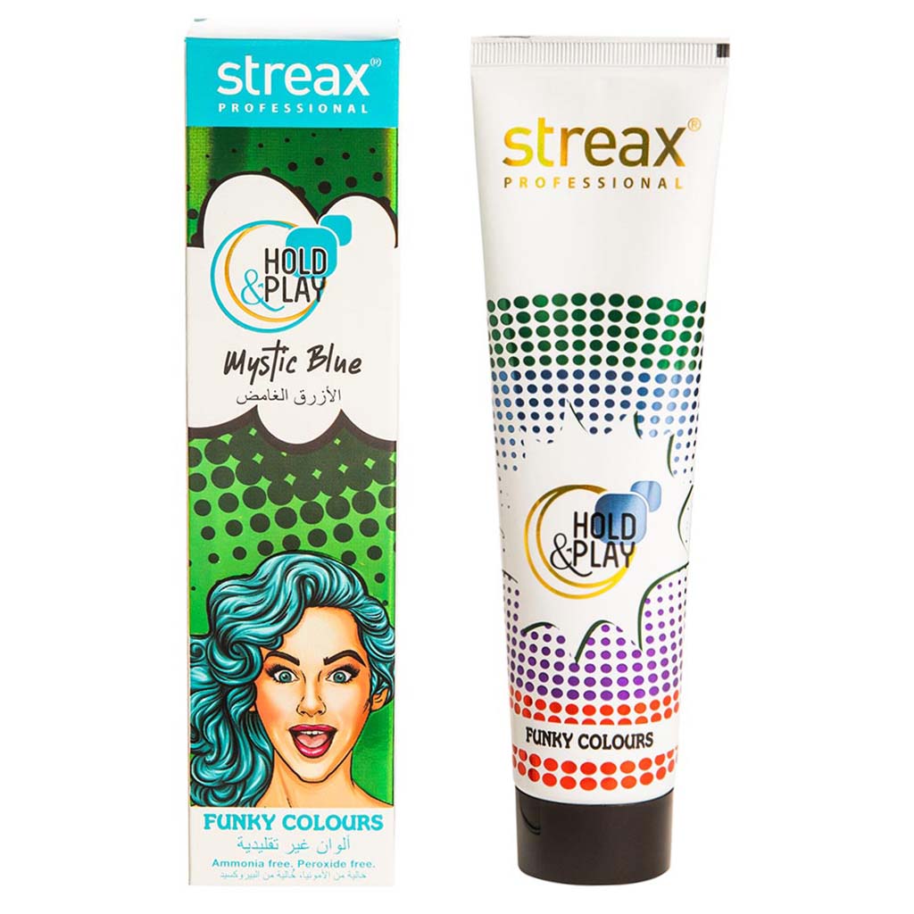 Streax Professional Hold & Play Ammonia & Peroxide - Free Funky Colors Semi-Permanent Hair Color Cream - Mystic Blue 100g - Easy Pharmacy LLC