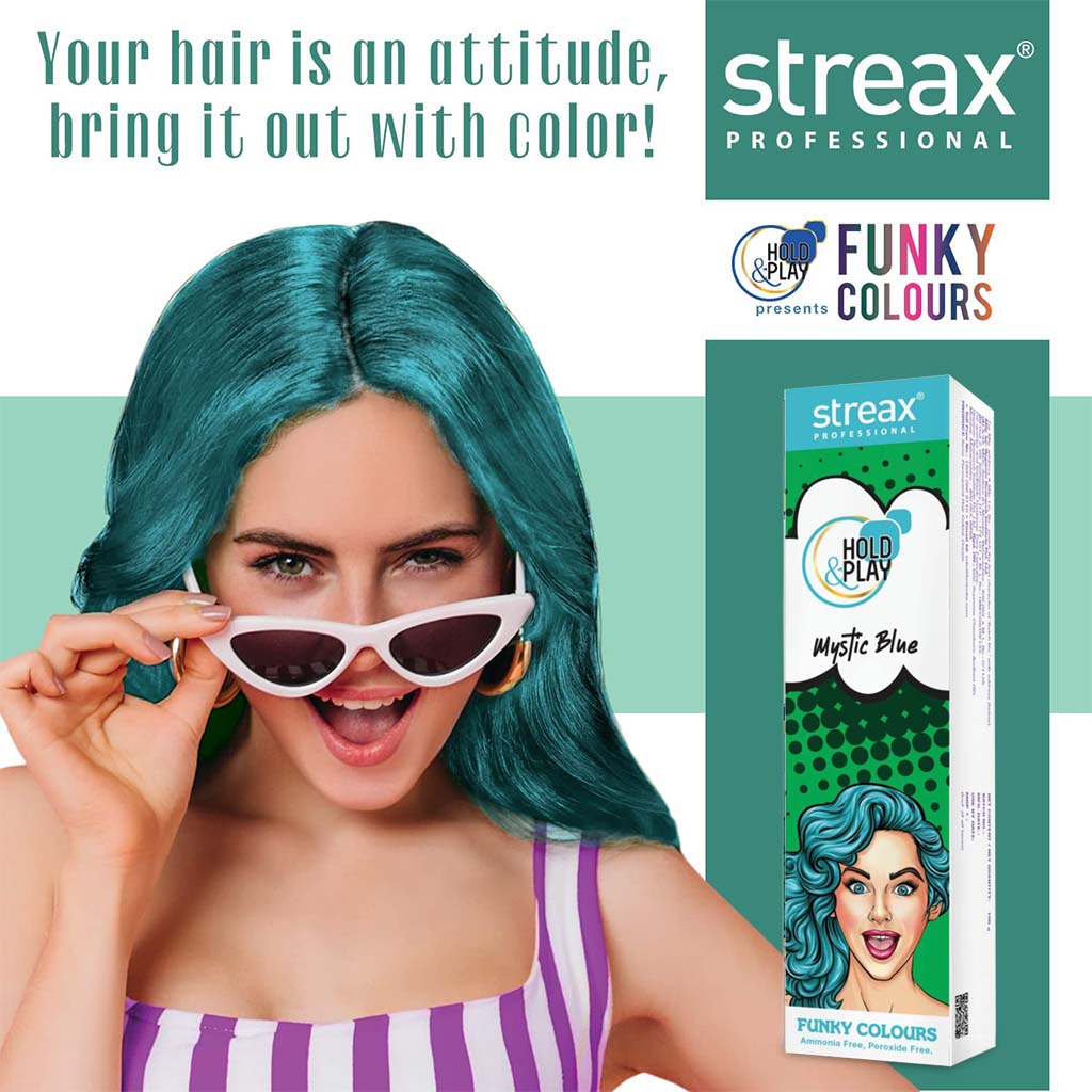 Streax Professional Hold & Play Ammonia & Peroxide - Free Funky Colors Semi-Permanent Hair Color Cream - Mystic Blue 100g - Easy Pharmacy LLC