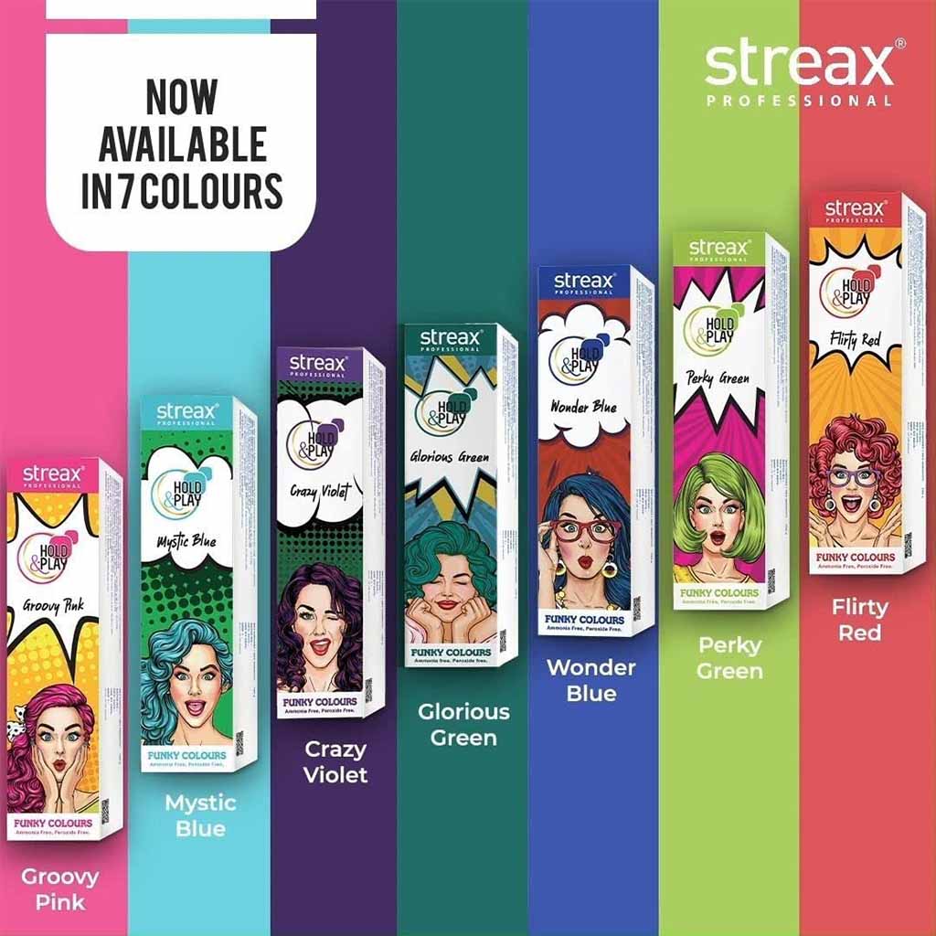 Streax Professional Hold & Play Ammonia & Peroxide - Free Funky Colors Semi-Permanent Hair Color Cream - Mystic Blue 100g - Easy Pharmacy LLC