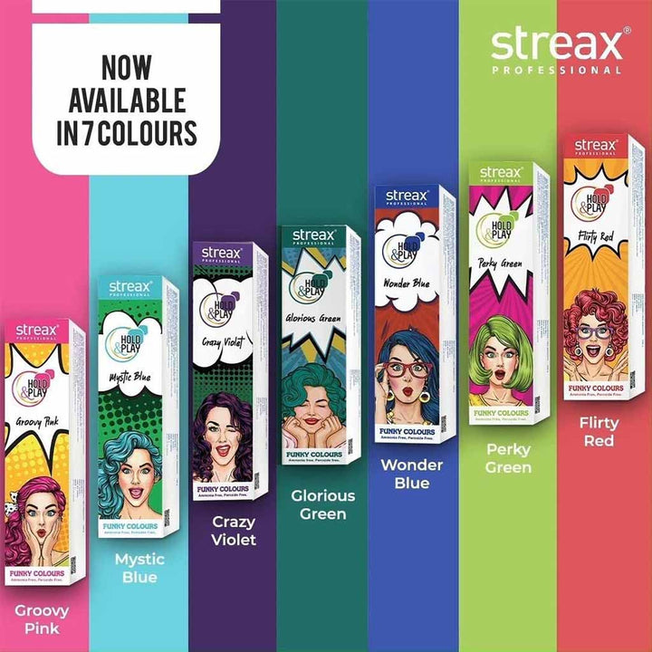 Streax Professional Hold & Play Ammonia & Peroxide - Free Funky Colors Semi-Permanent Hair Color Cream - Mystic Blue 100g - Easy Pharmacy LLC