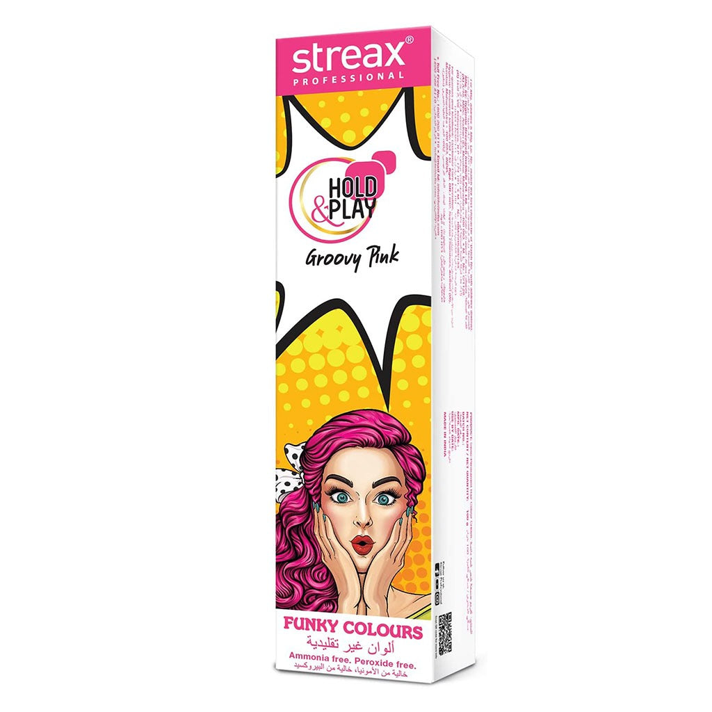 Streax Professional Hold & Play Ammonia & Peroxide - Free Funky Colors Semi-Permanent Hair Color Cream - Groovy Pink 100g - Easy Pharmacy LLC