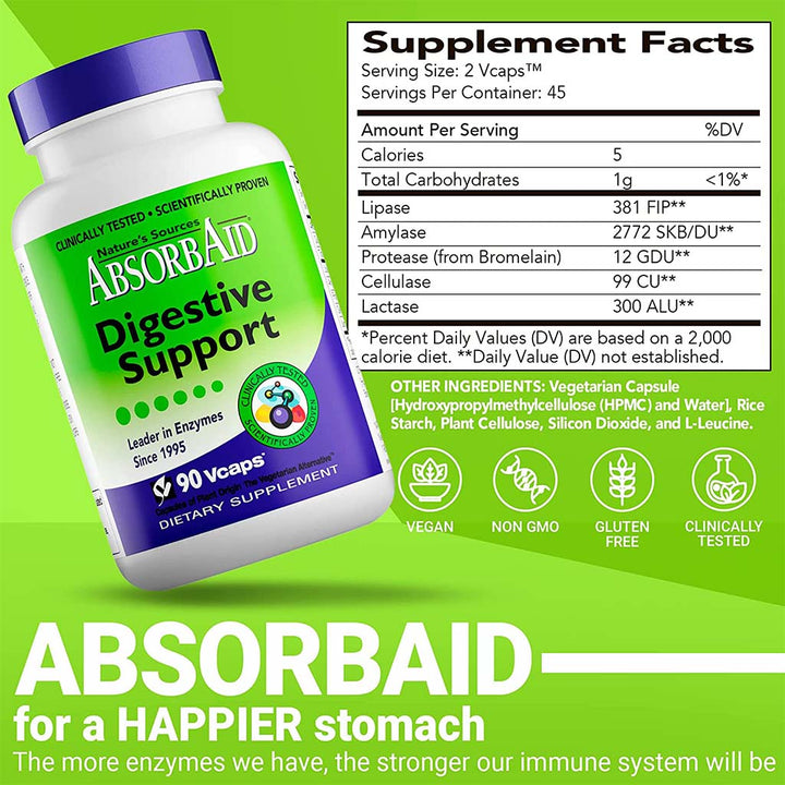 Nature's Sources AbsorbAid Digestive Enzyme Vegetarian Capsules For Digestive Support, Pack of 90's - Easy Pharmacy LLC