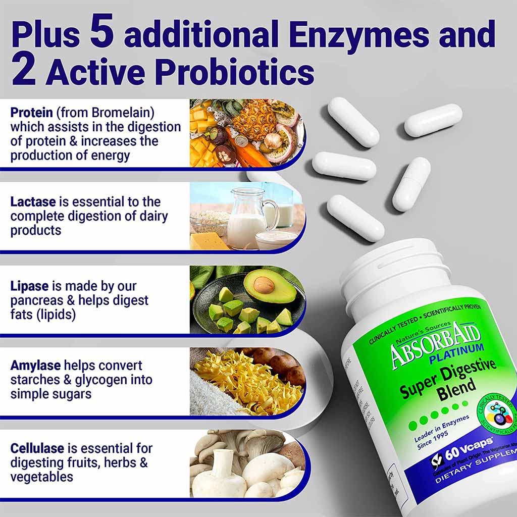 Nature's Sources AbsorbAid Platinum Super Digestive Enzyme & Probiotic Blend Vegetarian Capsules For Digestive Support, Pack of 60's - Easy Pharmacy LLC