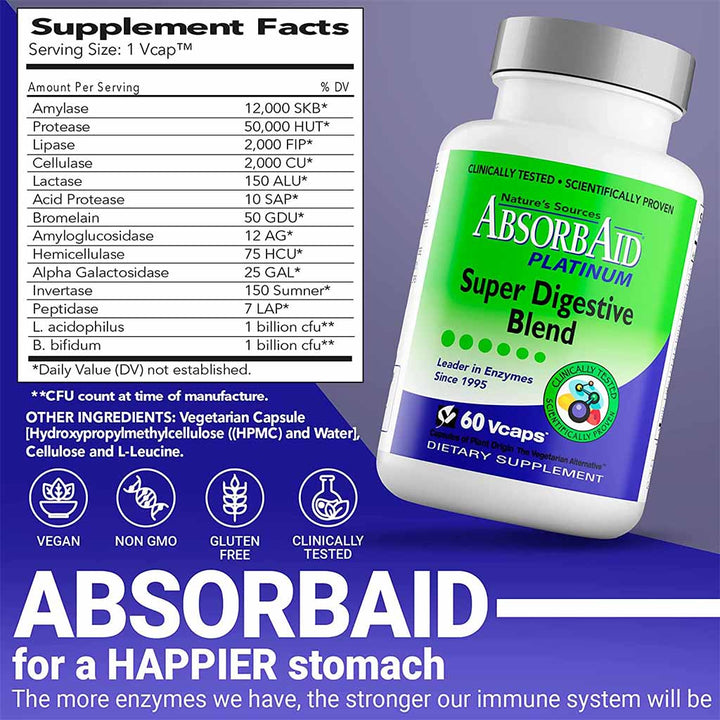 Nature's Sources AbsorbAid Platinum Super Digestive Enzyme & Probiotic Blend Vegetarian Capsules For Digestive Support, Pack of 60's - Easy Pharmacy LLC