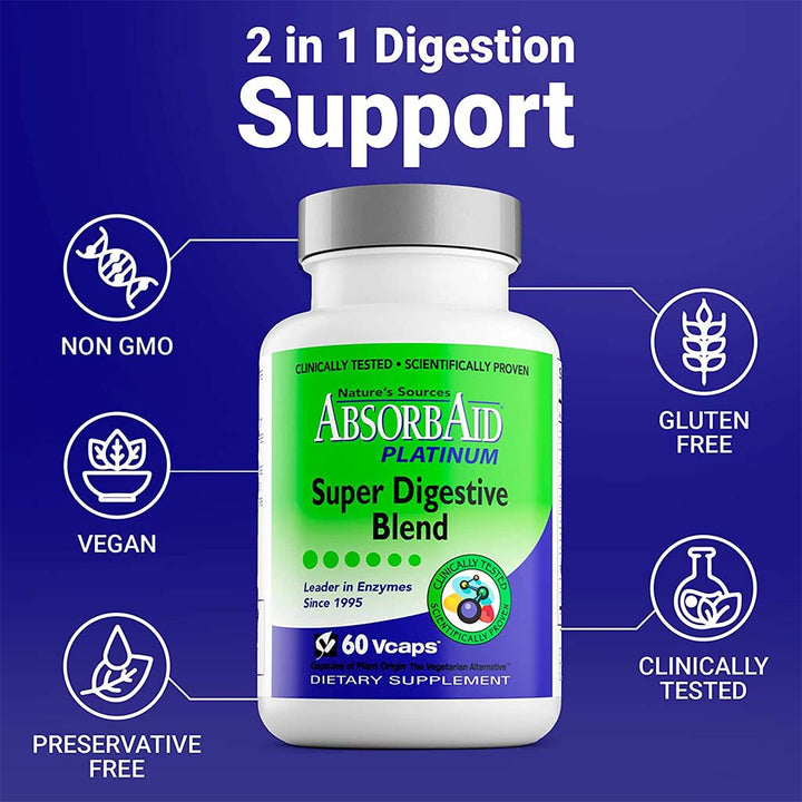 Nature's Sources AbsorbAid Platinum Super Digestive Enzyme & Probiotic Blend Vegetarian Capsules For Digestive Support, Pack of 60's - Easy Pharmacy LLC