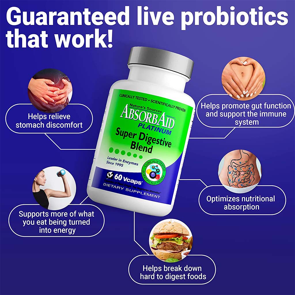 Nature's Sources AbsorbAid Platinum Super Digestive Enzyme & Probiotic Blend Vegetarian Capsules For Digestive Support, Pack of 60's - Easy Pharmacy LLC