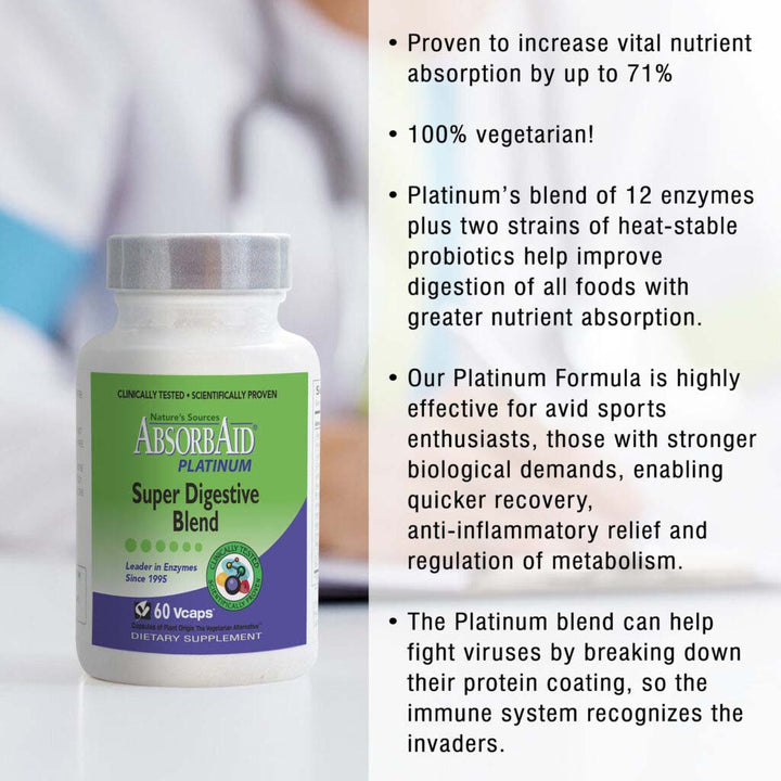 Nature's Sources AbsorbAid Platinum Super Digestive Enzyme & Probiotic Blend Vegetarian Capsules For Digestive Support, Pack of 60's - Easy Pharmacy LLC