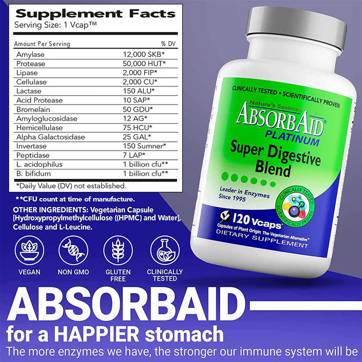 Nature's Sources AbsorbAid Platinum Super Digestive Enzyme & Probiotic Blend Vegetarian Capsules For Digestive Support, Pack of 120's - Easy Pharmacy LLC