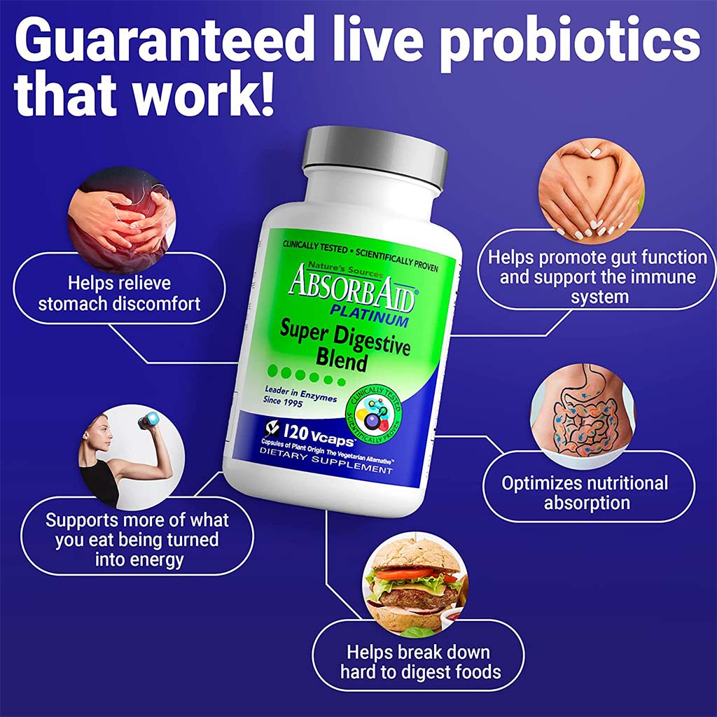 Nature's Sources AbsorbAid Platinum Super Digestive Enzyme & Probiotic Blend Vegetarian Capsules For Digestive Support, Pack of 120's - Easy Pharmacy LLC