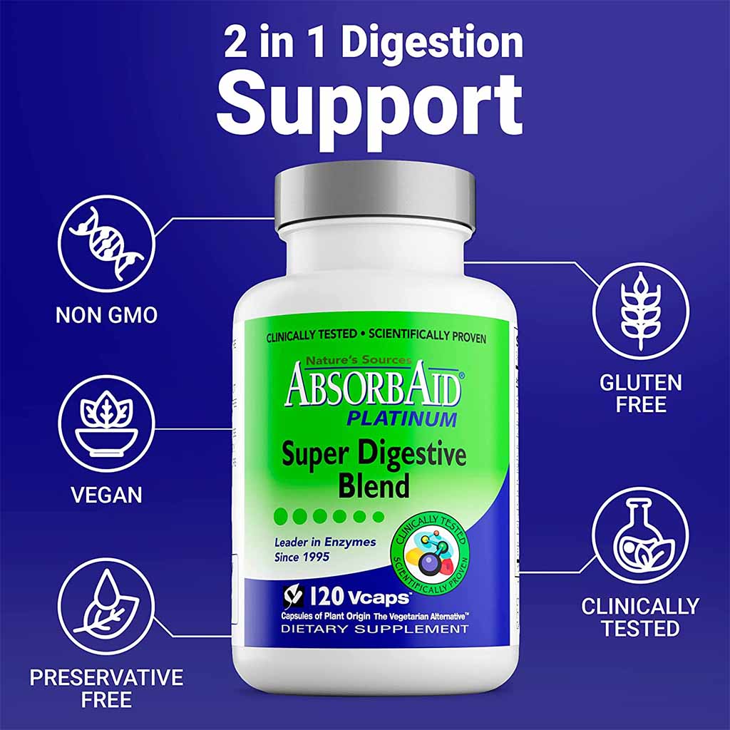 Nature's Sources AbsorbAid Platinum Super Digestive Enzyme & Probiotic Blend Vegetarian Capsules For Digestive Support, Pack of 120's - Easy Pharmacy LLC
