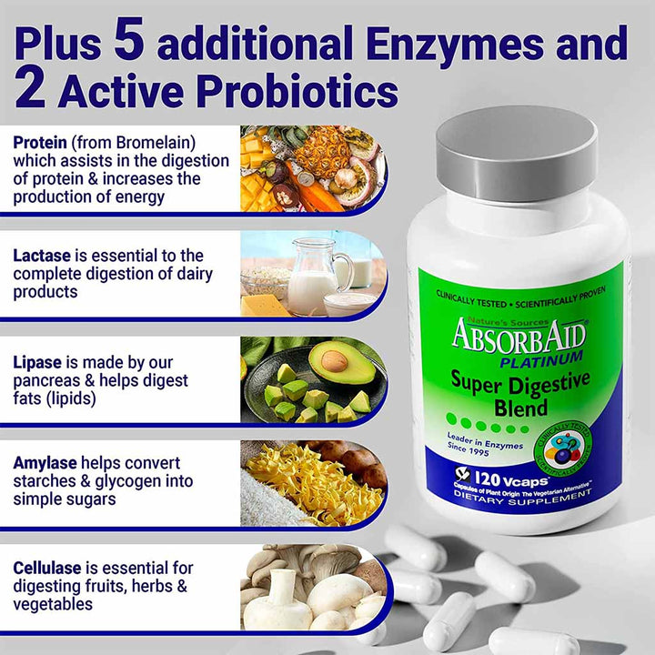 Nature's Sources AbsorbAid Platinum Super Digestive Enzyme & Probiotic Blend Vegetarian Capsules For Digestive Support, Pack of 120's - Easy Pharmacy LLC
