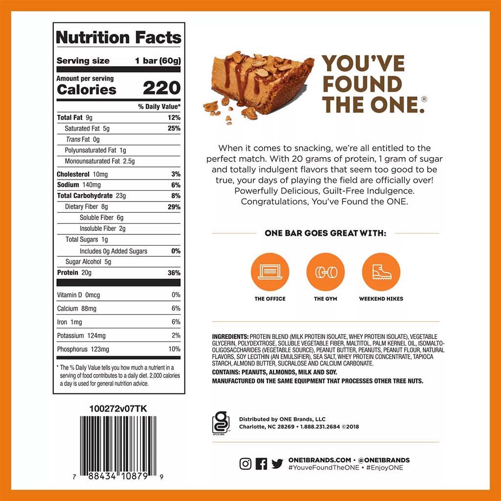 One Bar Gluten Free Protein Rich Peanut Butter Pie Flavored Protein Bar 60g - Easy Pharmacy LLC