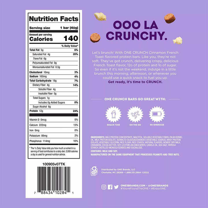 One Bar Gluten Free Crunch Cinnamon French Toast Flavored Protein Bar 40g - Easy Pharmacy LLC