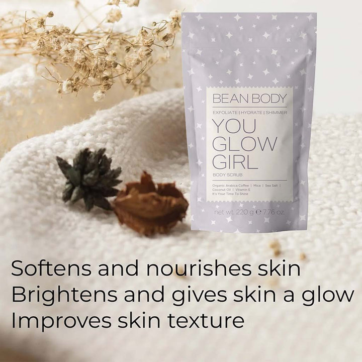 BeanBody You Glow Girl Shimmer Exfoliating Body Scrub With Coffee & Hyaluronic Acid 220g - Easy Pharmacy LLC